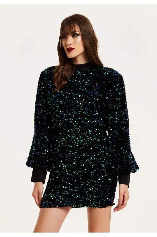 Mini dresses with button - down fronts Black Velvet Based Green And Blue Sequin Mini Dress by Liquorish Mini dresses with button - down fronts Black Velvet Based Green And Blue Sequin Mini Dress by Liquorish