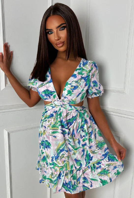 Printed mini dresses for a casual day out Untamed Allure Green Ring Front Side Cut Out Mini Dress Printed mini dresses for a casual day out Untamed Allure Green Ring Front Side Cut Out Mini Dress