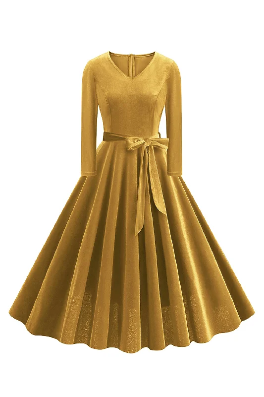 Midi dresses with puff sleeves for a vintage - inspired look Yellow V Neck Pleated Long Sleeves 1950s Dress Midi dresses with puff sleeves for a vintage - inspired look Yellow V Neck Pleated Long Sleeves 1950s Dress