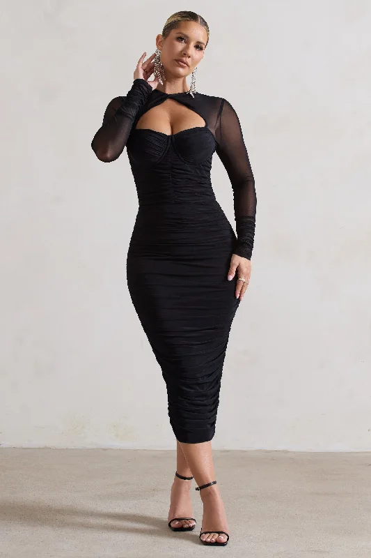 Midi dresses with sheer panels for a touch of allure Mojito | Black Ruched Cut-Out Long-Sleeve Midi Dress