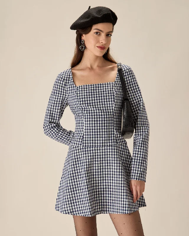 Mini dresses with halter necks for a stylish choice Navy Square Neck Plaid Mini Dress Mini dresses with halter necks for a stylish choice Navy Square Neck Plaid Mini Dress