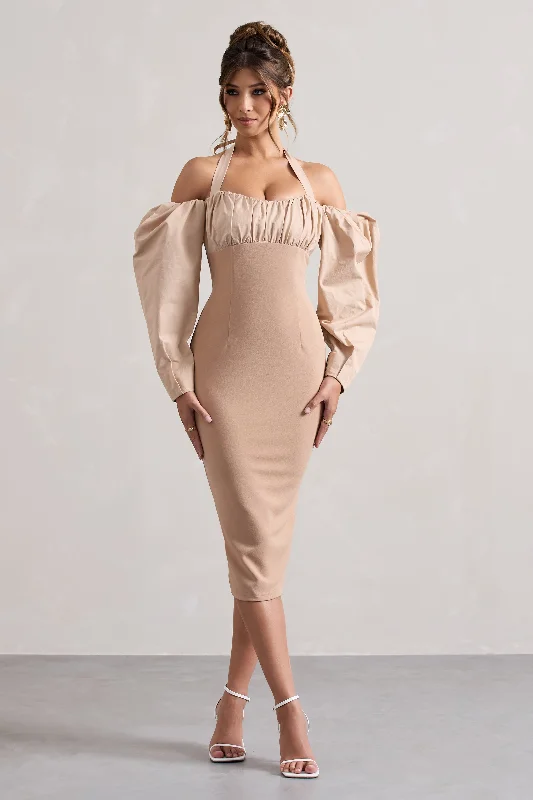 Midi dresses with printed lining for a hidden and stylish detail Couture Client | Champagne Halter-Neck Puff Sleeve Midi Dress Midi dresses with printed lining for a hidden and stylish detail Couture Client | Champagne Halter-Neck Puff Sleeve Midi Dress