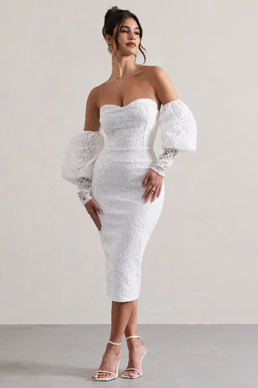 Midi dresses with button - front designs for a classic touch Mary | White Lace Bardot Puff-Sleeve Midi Dress Midi dresses with button - front designs for a classic touch Mary | White Lace Bardot Puff-Sleeve Midi Dress