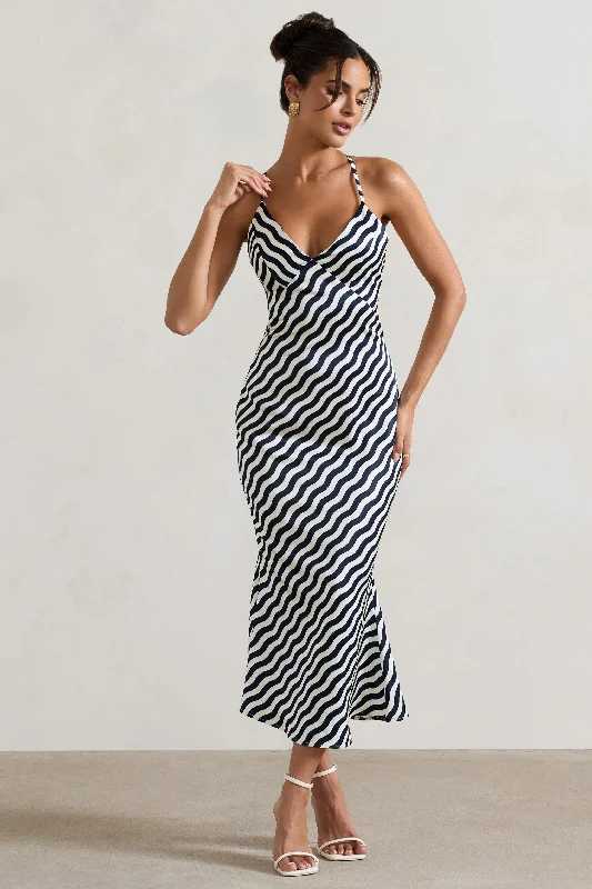 Midi dresses with patchwork patterns for a one - of - a - kind style Aquarius | Navy Wave Print Satin Open-Back Midi Dress Midi dresses with patchwork patterns for a one - of - a - kind style Aquarius | Navy Wave Print Satin Open-Back Midi Dress