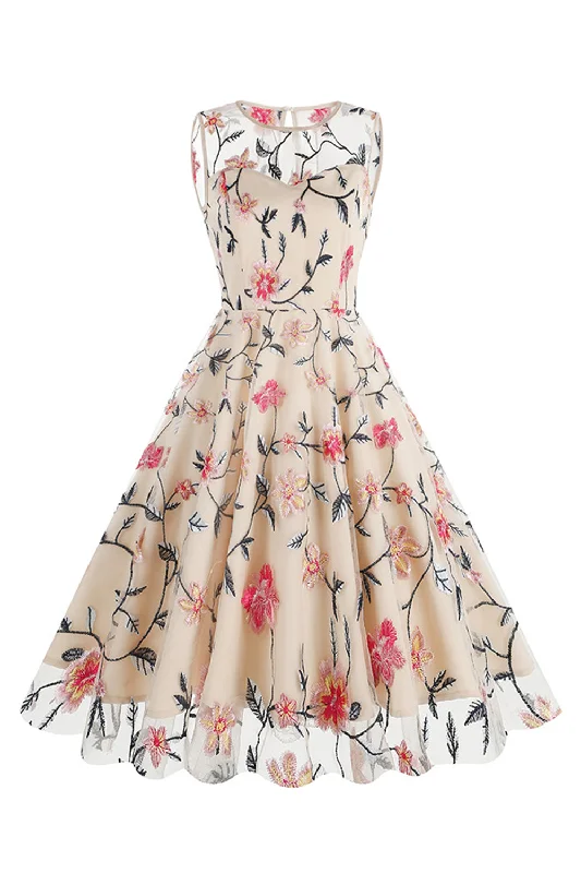 Midi dresses with metallic threads for a glamorous evening event Apricot Elegant Floral Embroidered Sleeveless Midi Vintage Dress Midi dresses with metallic threads for a glamorous evening event Apricot Elegant Floral Embroidered Sleeveless Midi Vintage Dress