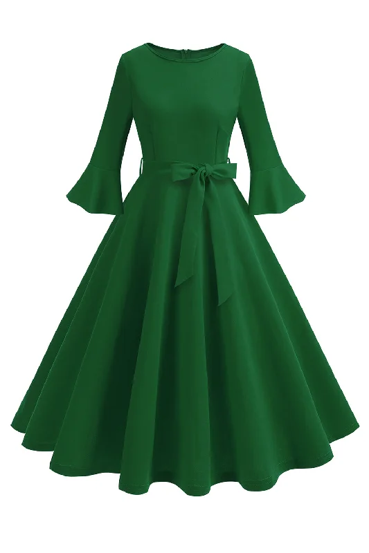 Midi dresses with gathered skirts for a full and flowing silhouette Dark Green Round Neck Pleated Long Sleeves 1950s Vintage Dress Midi dresses with gathered skirts for a full and flowing silhouette Dark Green Round Neck Pleated Long Sleeves 1950s Vintage Dress