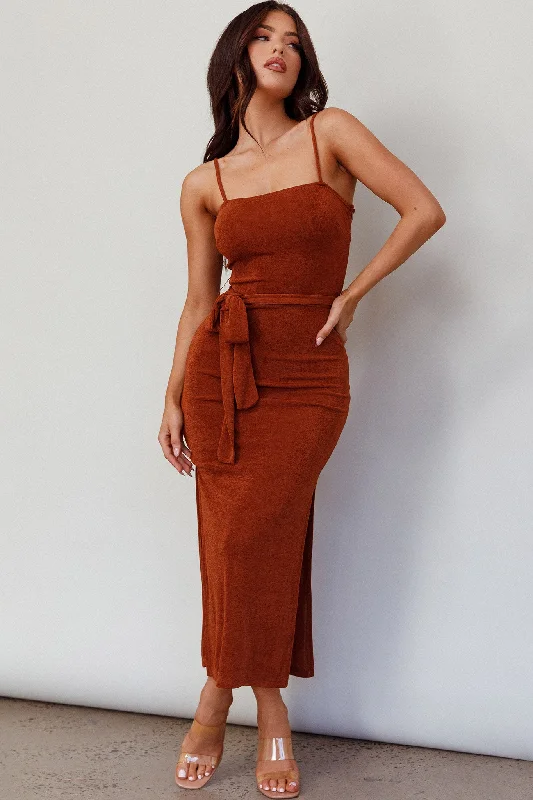Midi dresses with denim fabric for a casual yet stylish day out Serenade Me Square Neckline Side Split Midi Dress Cinnamon Midi dresses with denim fabric for a casual yet stylish day out Serenade Me Square Neckline Side Split Midi Dress Cinnamon
