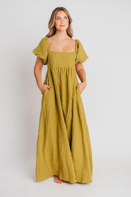 Maxi - inspired midi dresses with flowing fabrics for a beachy vibe Candace Maxi Dress in Olive - 100% Linen - Bump Friendly Maxi - inspired midi dresses with flowing fabrics for a beachy vibe Candace Maxi Dress in Olive - 100% Linen - Bump Friendly