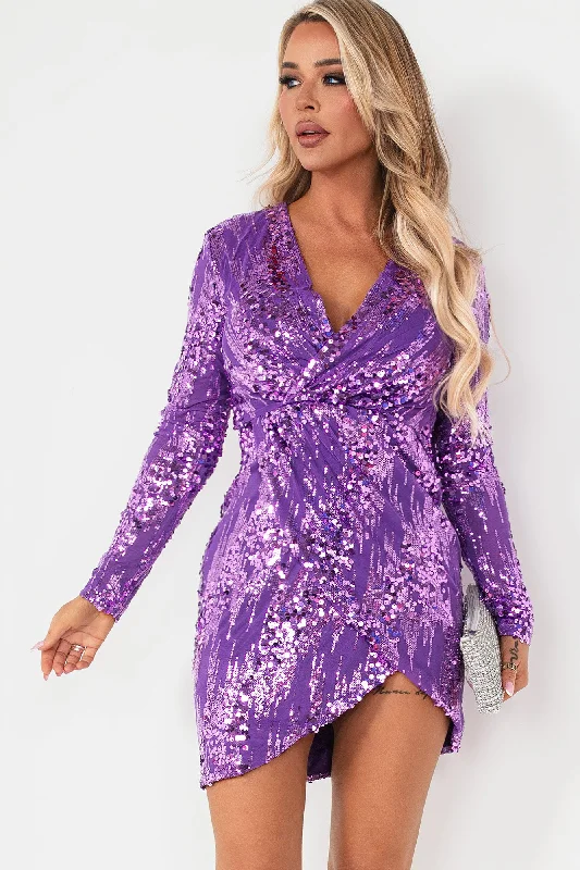 Denim mini dresses with distressed details Weslyn Purple Sequin Wrap Dress