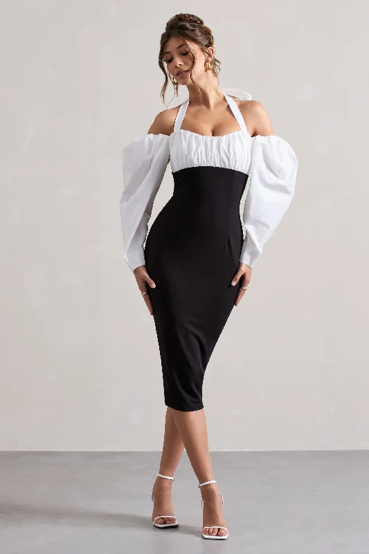 Midi dresses with mesh inserts for a trendy and breathable option Couture Client | Black Halter-Neck Puff Sleeve Midi Dress Midi dresses with mesh inserts for a trendy and breathable option Couture Client | Black Halter-Neck Puff Sleeve Midi Dress