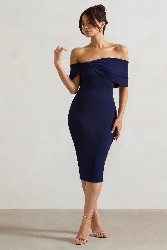 Midi dresses with polka dot prints for a playful summer outfit Alyssa | Navy Bardot Bow Detail Midi Dress Midi dresses with polka dot prints for a playful summer outfit Alyssa | Navy Bardot Bow Detail Midi Dress