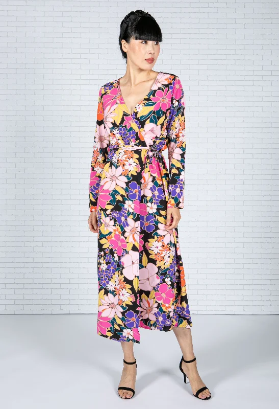 Midi dresses with cold - shoulder cutouts for a trendy style Floral Pop Wrap Dress-1 Midi dresses with cold - shoulder cutouts for a trendy style Floral Pop Wrap Dress-1