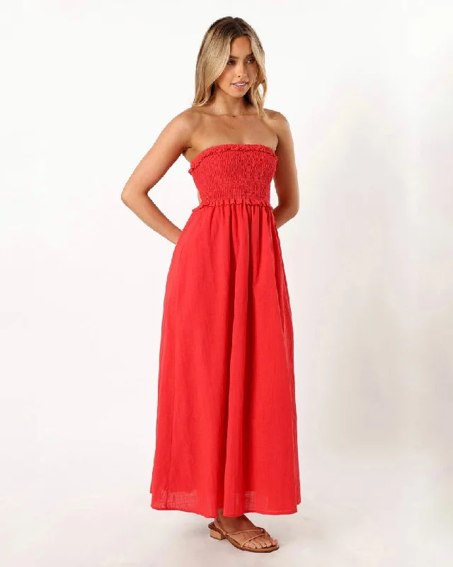 Midi dresses with pom - pom trims for a playful and festive look MAGNOLIA MAXI DRESS -RED Midi dresses with pom - pom trims for a playful and festive look MAGNOLIA MAXI DRESS -RED