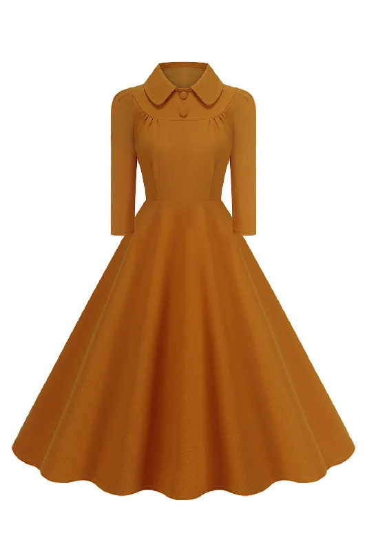 Midi dresses with ruffled bodices for a more pronounced feminine look Yellow Peter Pan Collar Long Sleeves A-Line Midi 1950s Dress Midi dresses with ruffled bodices for a more pronounced feminine look Yellow Peter Pan Collar Long Sleeves A-Line Midi 1950s Dress
