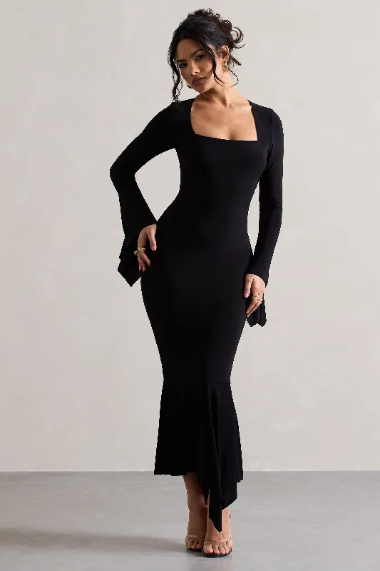 A - line midi dresses with floral prints for spring brunches Meliora | Black Square-Neck Flute-Sleeve Asymmetric Midi Dress A - line midi dresses with floral prints for spring brunches Meliora | Black Square-Neck Flute-Sleeve Asymmetric Midi Dress