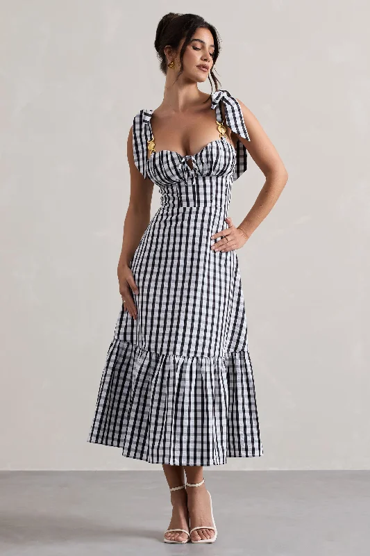 Midi dresses with ruched sleeves for a more fitted and stylish arm look Brighton | Black & White Gingham Sweetheart Midi Dress Midi dresses with ruched sleeves for a more fitted and stylish arm look Brighton | Black & White Gingham Sweetheart Midi Dress