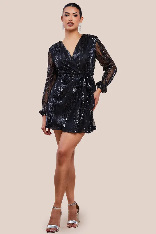 Mini dresses with button - down fronts Urban Touch Long Sleeve Sequin Wrap Dress