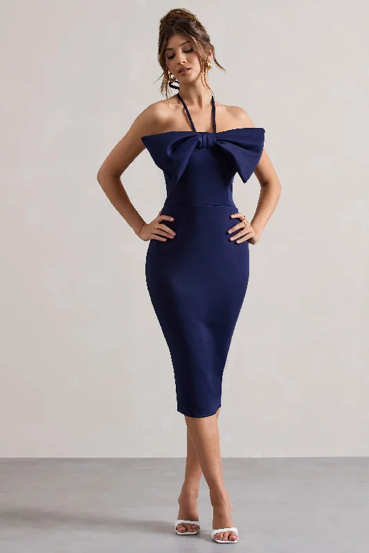 Midi dresses with fringe details for a fun and energetic style Carly | Navy Halter-Neck Midi Dress With Bow Midi dresses with fringe details for a fun and energetic style Carly | Navy Halter-Neck Midi Dress With Bow