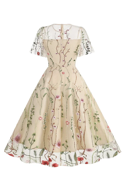 Midi dresses with pleated bodices for a classic and tailored look Apricot A Line Printed Tulle 1950s Dress with Short Sleeves Midi dresses with pleated bodices for a classic and tailored look Apricot A Line Printed Tulle 1950s Dress with Short Sleeves