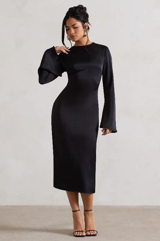 Midi dresses with metallic threads for a glamorous evening event Zaina | Black Long Sleeve Midi Dress with High Neckline Midi dresses with metallic threads for a glamorous evening event Zaina | Black Long Sleeve Midi Dress with High Neckline