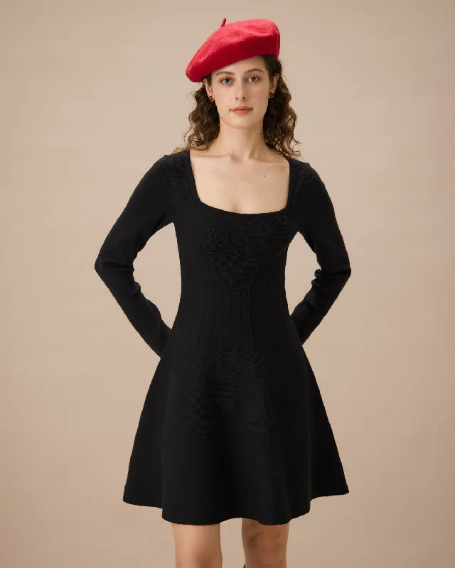 Mini dresses with beaded embellishments for a fancy event Black Square Neck Ribbed Sweater Dress Mini dresses with beaded embellishments for a fancy event Black Square Neck Ribbed Sweater Dress