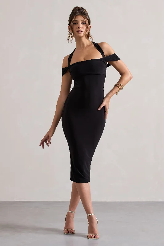 A - line midi dresses with floral prints for spring brunches Marla | Black Halter-Neck Draped-Sleeve Midi Dress A - line midi dresses with floral prints for spring brunches Marla | Black Halter-Neck Draped-Sleeve Midi Dress