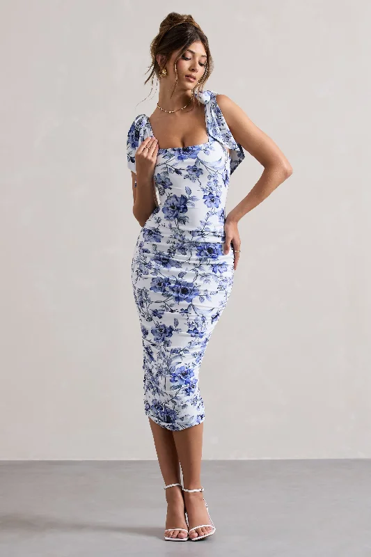 Midi dresses with asymmetric hems for a fashion - forward and dynamic appearance Cordelia | Floral Print Bodycon Midi Dress With Bow Straps Midi dresses with asymmetric hems for a fashion - forward and dynamic appearance Cordelia | Floral Print Bodycon Midi Dress With Bow Straps