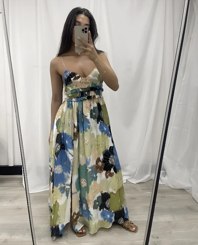 Midi dresses with printed lining for a hidden and stylish detail ELVIRA MAXI DRESS -GREEN MULTI Midi dresses with printed lining for a hidden and stylish detail ELVIRA MAXI DRESS -GREEN MULTI
