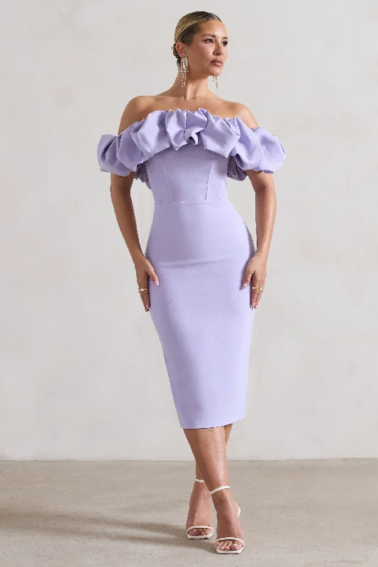 A - line midi dresses with floral prints for spring brunches Amie | Lilac Structured Ruffle Bardot Midi Dress