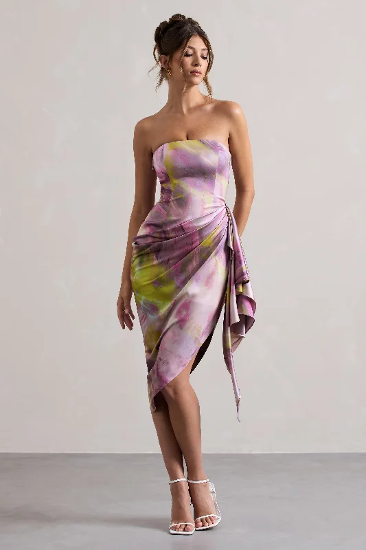 Midi dresses with belted waists to accentuate the figure Axel | Lilac Print Satin Strapless Wrap Midi Dress Midi dresses with belted waists to accentuate the figure Axel | Lilac Print Satin Strapless Wrap Midi Dress