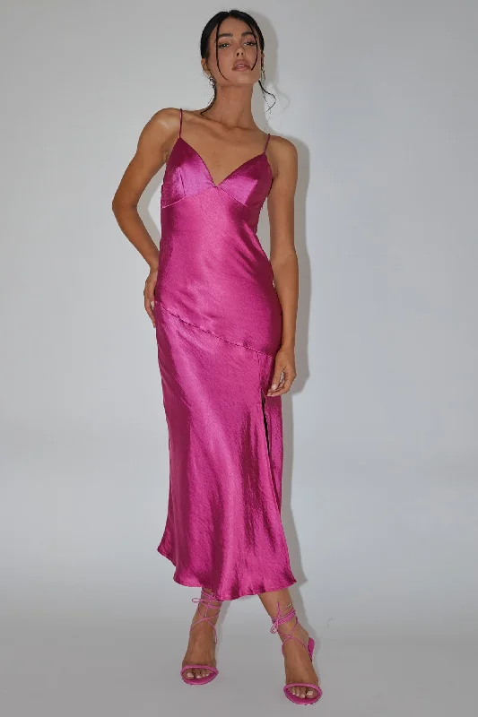 Midi dresses with ruched bodices for a feminine and fitted feel Downtown Cami Strap Front Split Midi Dress Fuchsia Midi dresses with ruched bodices for a feminine and fitted feel Downtown Cami Strap Front Split Midi Dress Fuchsia