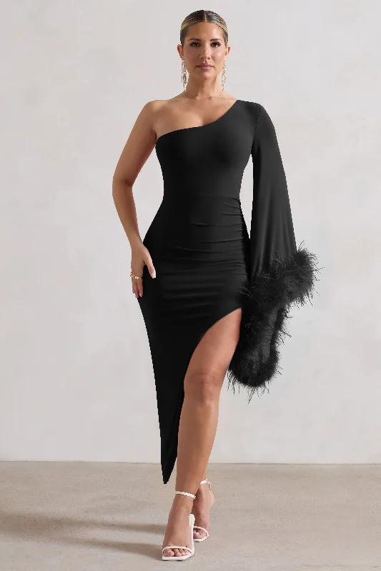 Midi dresses with V - necklines for a flattering and elongating effect July | Black Asymmetric One Shoulder Cape Midi Dress With Feathers Midi dresses with V - necklines for a flattering and elongating effect July | Black Asymmetric One Shoulder Cape Midi Dress With Feathers