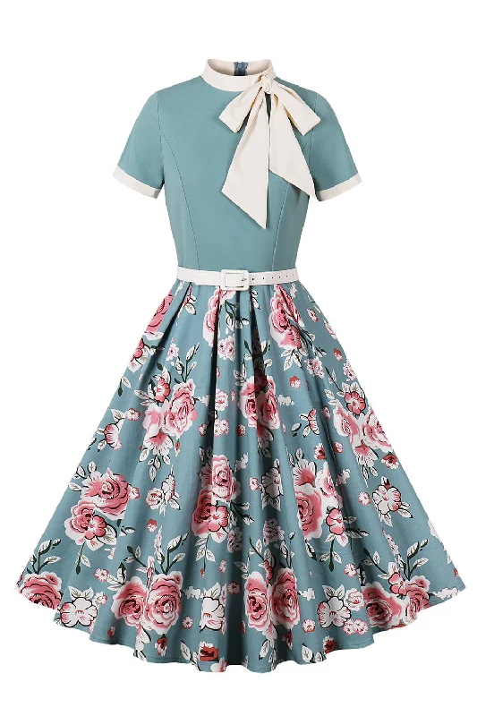 Midi dresses with patchwork patterns for a one - of - a - kind style Blue Floral Printed 1950s Dresses with Short Sleeves Midi dresses with patchwork patterns for a one - of - a - kind style Blue Floral Printed 1950s Dresses with Short Sleeves