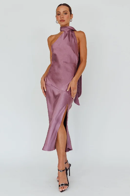 High - low midi dresses with geometric patterns for a modern party Italian Summer Tie Neck Midi Dress Grape High - low midi dresses with geometric patterns for a modern party Italian Summer Tie Neck Midi Dress Grape