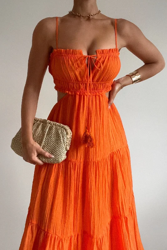 Midi dresses with ruffled bodices for a more pronounced feminine look Rochelle Midi Dress - Orange Midi dresses with ruffled bodices for a more pronounced feminine look Rochelle Midi Dress - Orange