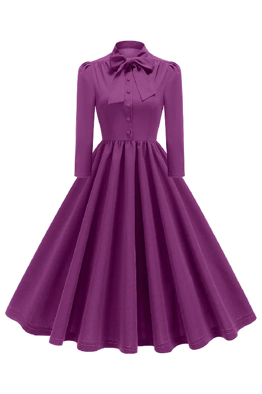 Midi dresses with pleated skirts for a timeless and elegant appeal Purple Pleated Bow Tie 1950s Dress with Long Sleeves Midi dresses with pleated skirts for a timeless and elegant appeal Purple Pleated Bow Tie 1950s Dress with Long Sleeves