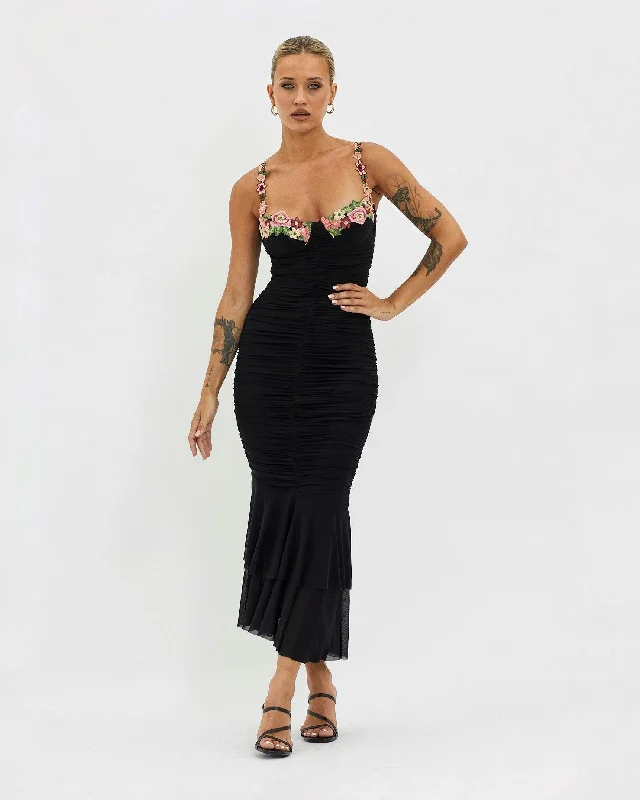 A - line midi dresses with floral prints for spring brunches ANAELLE MIDI DRESS -BLACK
