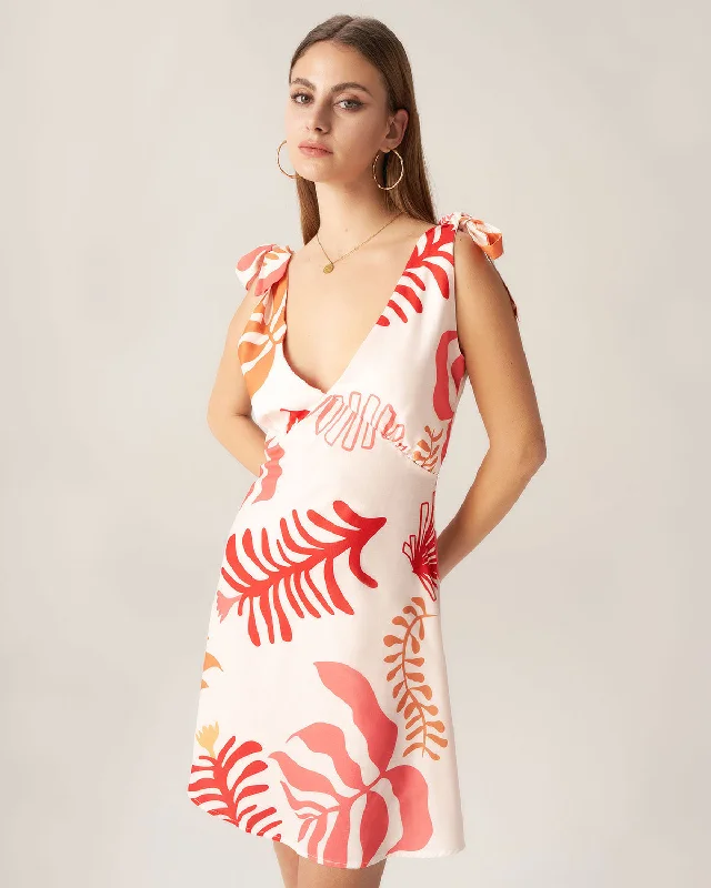 Mini dresses with V - necklines for a flattering shape Bettydress-Red Floral Tie Strap Mini Dress