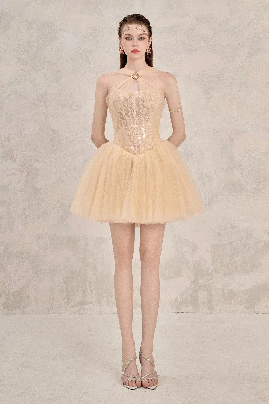Mini dresses with puff sleeves for a vintage look Elara Fit and Flare Corset Mesh Sequin Mini Dress