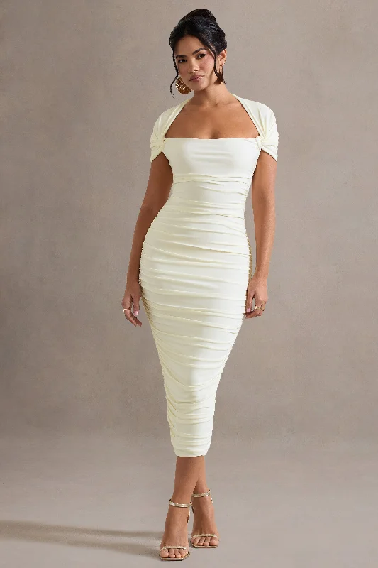 High - low midi dresses with geometric patterns for a modern party Paxos | Ecru Ruched Short-Sleeve Midi Dress High - low midi dresses with geometric patterns for a modern party Paxos | Ecru Ruched Short-Sleeve Midi Dress