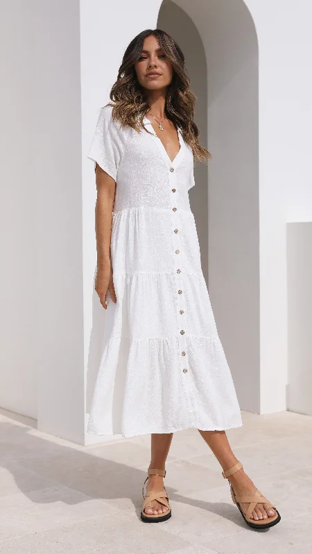 Midi dresses with printed lining for a hidden and stylish detail Kimberly Midi Dress - White Midi dresses with printed lining for a hidden and stylish detail Kimberly Midi Dress - White