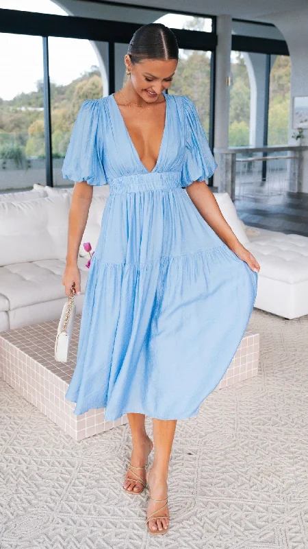 Midi dresses with patchwork patterns for a one - of - a - kind style Erin Midi Dress - Blue Midi dresses with patchwork patterns for a one - of - a - kind style Erin Midi Dress - Blue