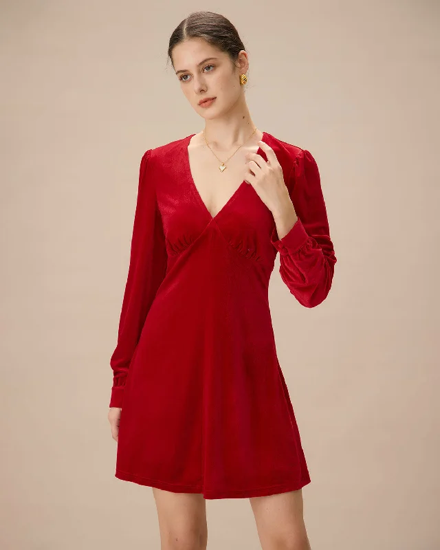 Mini dresses with cut - out details for a trendy look Red Velvet Puffed Sleeve A-Line Mini Dress Mini dresses with cut - out details for a trendy look Red Velvet Puffed Sleeve A-Line Mini Dress