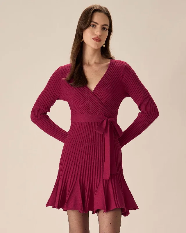 Mini dresses with halter necks for a stylish choice Wine Red Wrap Sweater Mini Dress Mini dresses with halter necks for a stylish choice Wine Red Wrap Sweater Mini Dress