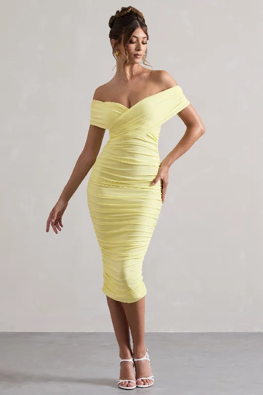Midi dresses with animal prints for a bold and confident appearance Unwrapped | Lemon Ruched Twist Bardot Midi Dress Midi dresses with animal prints for a bold and confident appearance Unwrapped | Lemon Ruched Twist Bardot Midi Dress