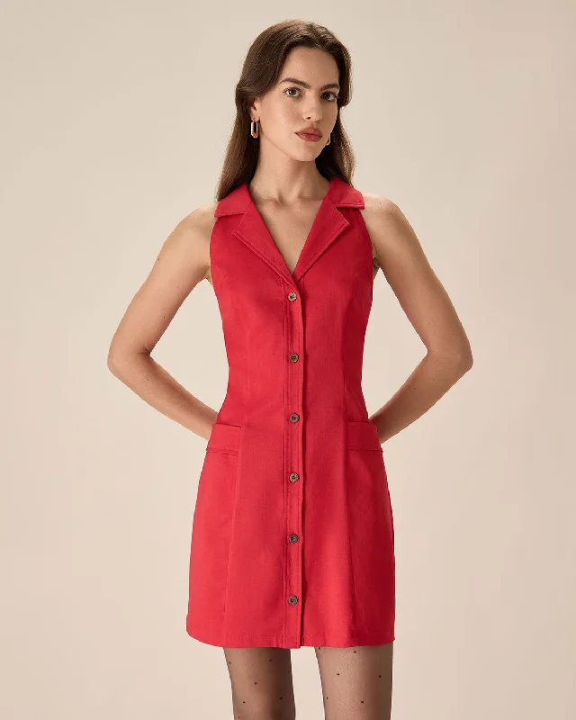 Mini dresses with high - low hems for a modern twist Red Collared Pocket Button Mini Dress Mini dresses with high - low hems for a modern twist Red Collared Pocket Button Mini Dress