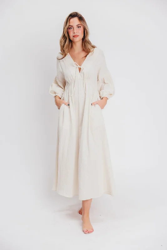 Midi dresses with lace - up fronts for a unique and adjustable style Hunter 100% Cotton Gauze Midi Dress in Soy - Bump Friendly (XS-XL) PRE-ORDER Midi dresses with lace - up fronts for a unique and adjustable style Hunter 100% Cotton Gauze Midi Dress in Soy - Bump Friendly (XS-XL) PRE-ORDER