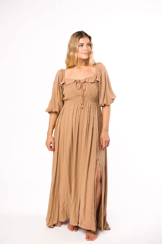 Midi dresses with bow accents for a sweet and charming look Devon Smocked Maxi Dress in Taupe - Bump Friendly Midi dresses with bow accents for a sweet and charming look Devon Smocked Maxi Dress in Taupe - Bump Friendly