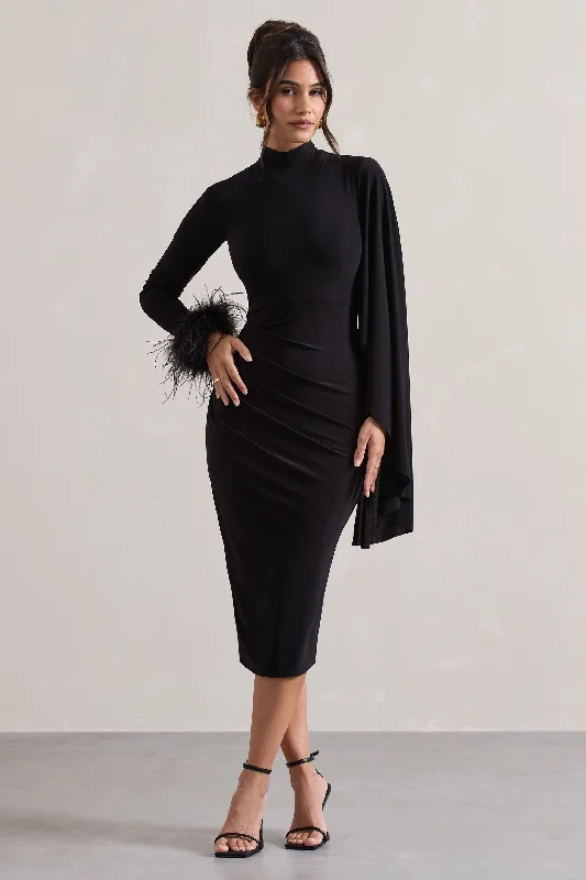 Midi dresses with mesh inserts for a trendy and breathable option Tamika | Black High-Neck Cape-Sleeve Midi Dress With Feathers Midi dresses with mesh inserts for a trendy and breathable option Tamika | Black High-Neck Cape-Sleeve Midi Dress With Feathers