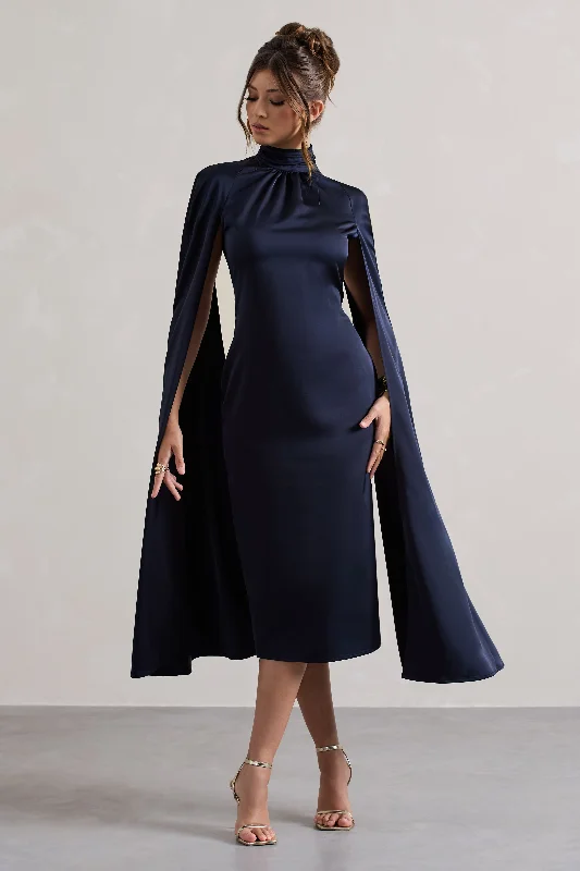 Midi dresses with asymmetric hems for a fashion - forward and dynamic appearance Brogan | Navy Satin High-Neck Midi Dress With Cape Sleeves Midi dresses with asymmetric hems for a fashion - forward and dynamic appearance Brogan | Navy Satin High-Neck Midi Dress With Cape Sleeves